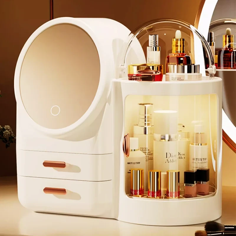 High-Grade Dustproof Dressing Table Desktop Cosmetics Storage Box With Mirror & LED Light
