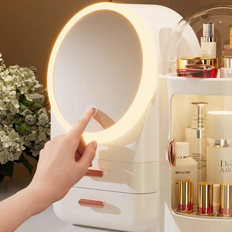 High-Grade Dustproof Dressing Table Desktop Cosmetics Storage Box With Mirror & LED Light