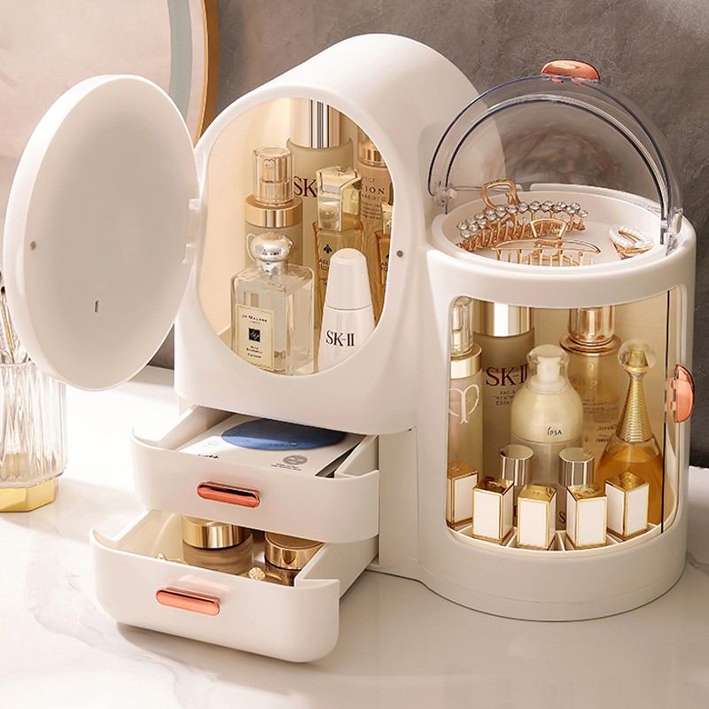 High-Grade Dustproof Dressing Table Desktop Cosmetics Storage Box With Mirror & LED Light