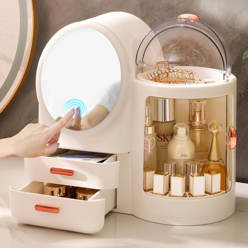 High-Grade Dustproof Dressing Table Desktop Cosmetics Storage Box With Mirror & LED Light