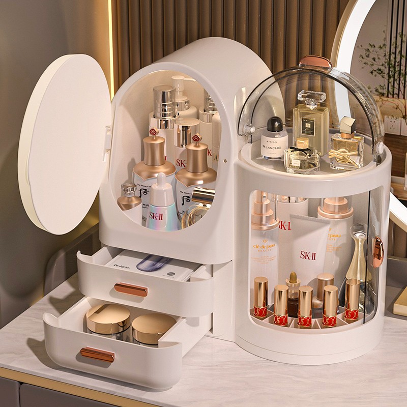 High-Grade Dustproof Dressing Table Desktop Cosmetics Storage Box With Mirror & LED Light