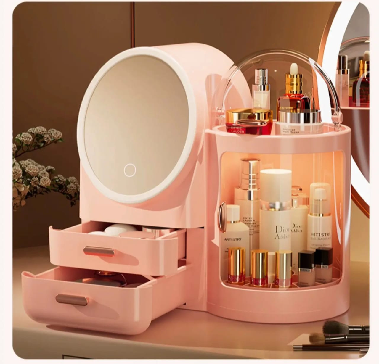High-Grade Dustproof Dressing Table Desktop Cosmetics Storage Box With Mirror & LED Light